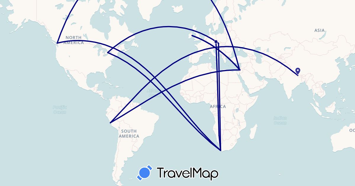 TravelMap itinerary: driving in Canada, Czech Republic, Ireland, Israel, Namibia, Nepal, Peru, South Africa (Africa, Asia, Europe, North America, South America)